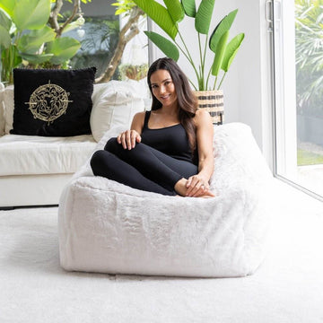 Furlah Ivory Fur Bean Bag Chair with lady posing