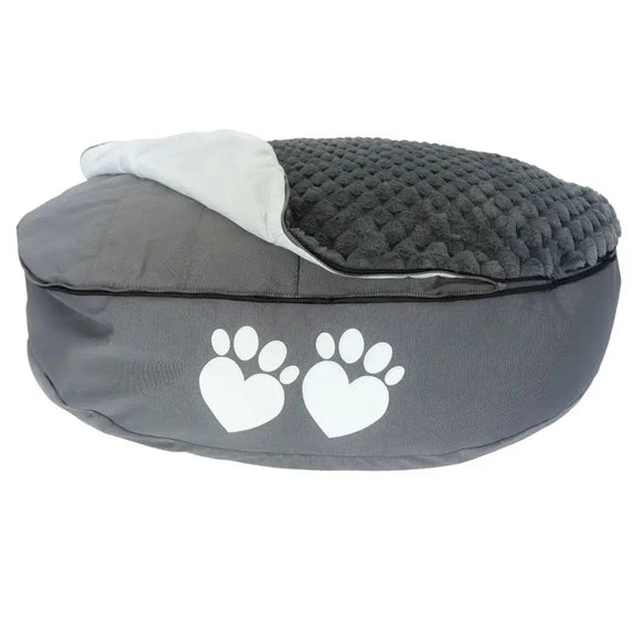 Gray pet bed with white paw prints on a white background
